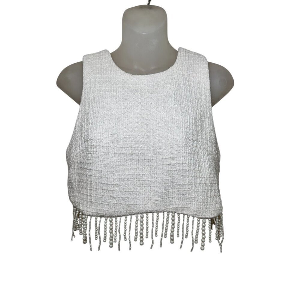 JASON WU Crop Top Ivory Tweed w Pearl Fringe size‎ Size 2